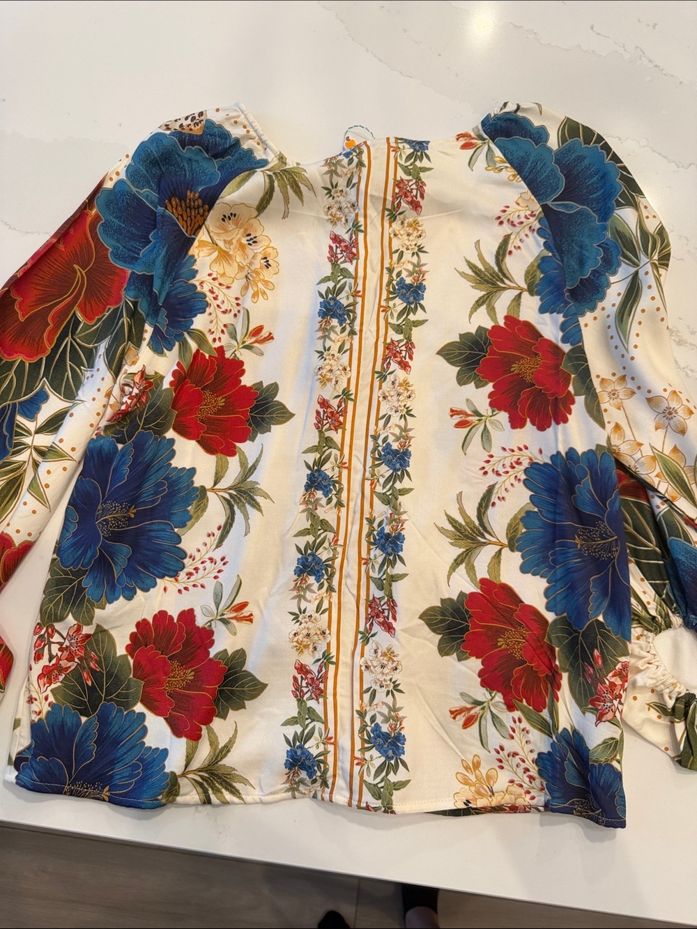 FARM Rio Cream Floral Tie-Neck Blouse with Red & Blue Blooms - Picture 6 of 11